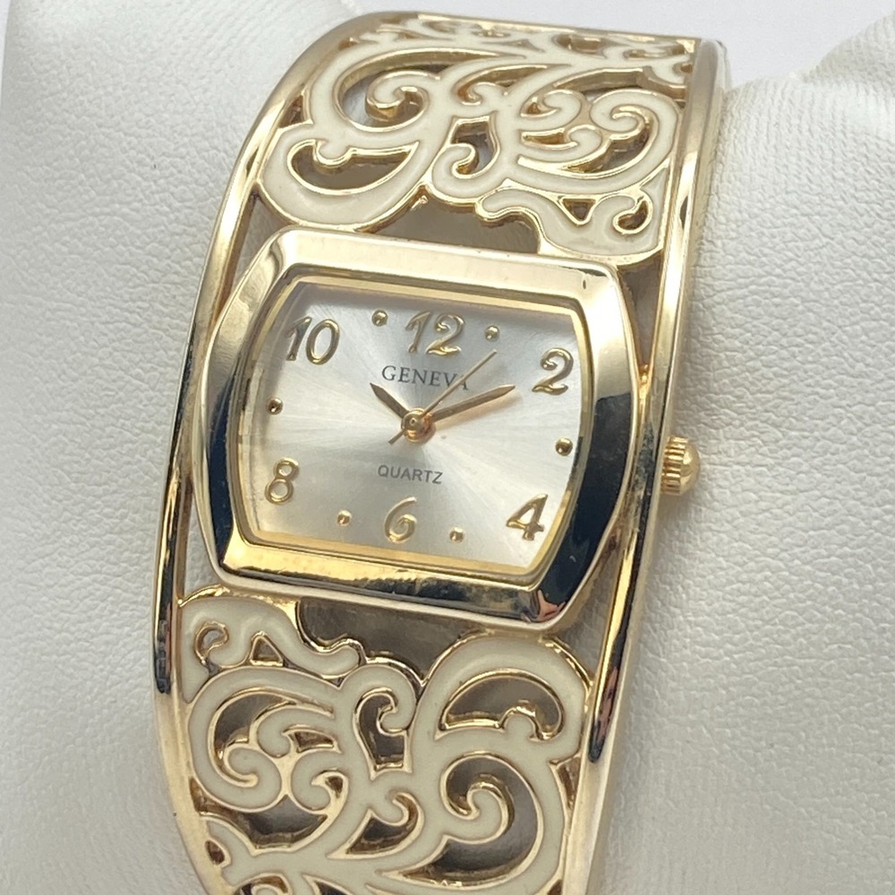 Geneva Women's Watch Gold Tone Cuff Scrollwork Enamel 30mm New Battery 6.5"